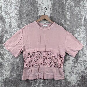 IRO Top EU 38 Womens Pink Lace Trim Short Sleeve Satin Detail